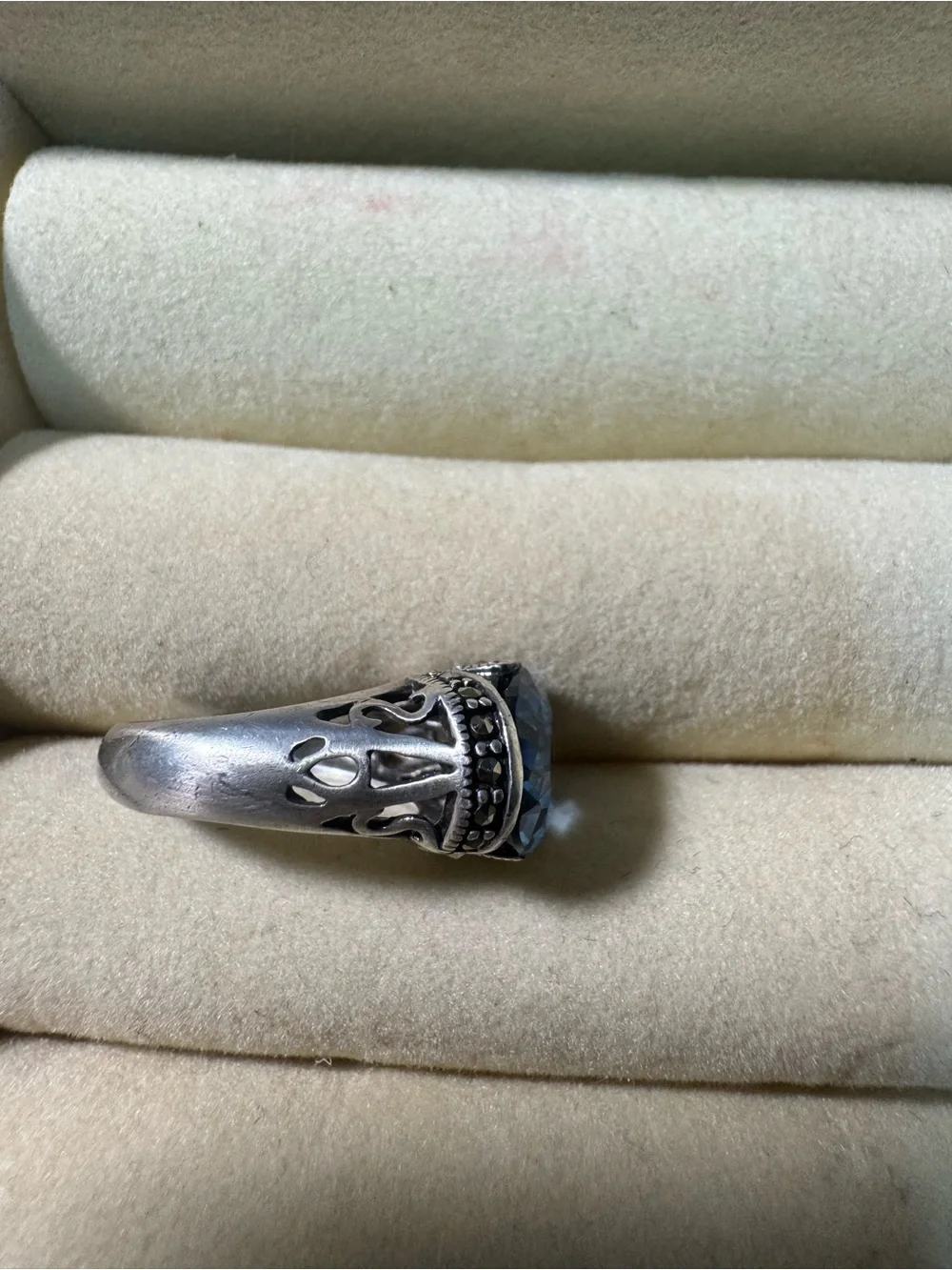 Vintage 925 Sterling Silver Marcasite London Blue Topaz Ring Size 6 6.1g